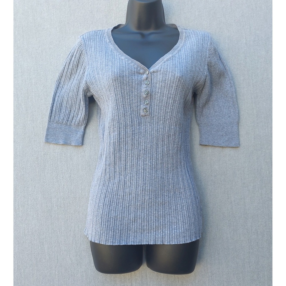 Henley Style Ribbed Top Womens L Gray‎ Stretch Minimalist Preppy Academia Casual